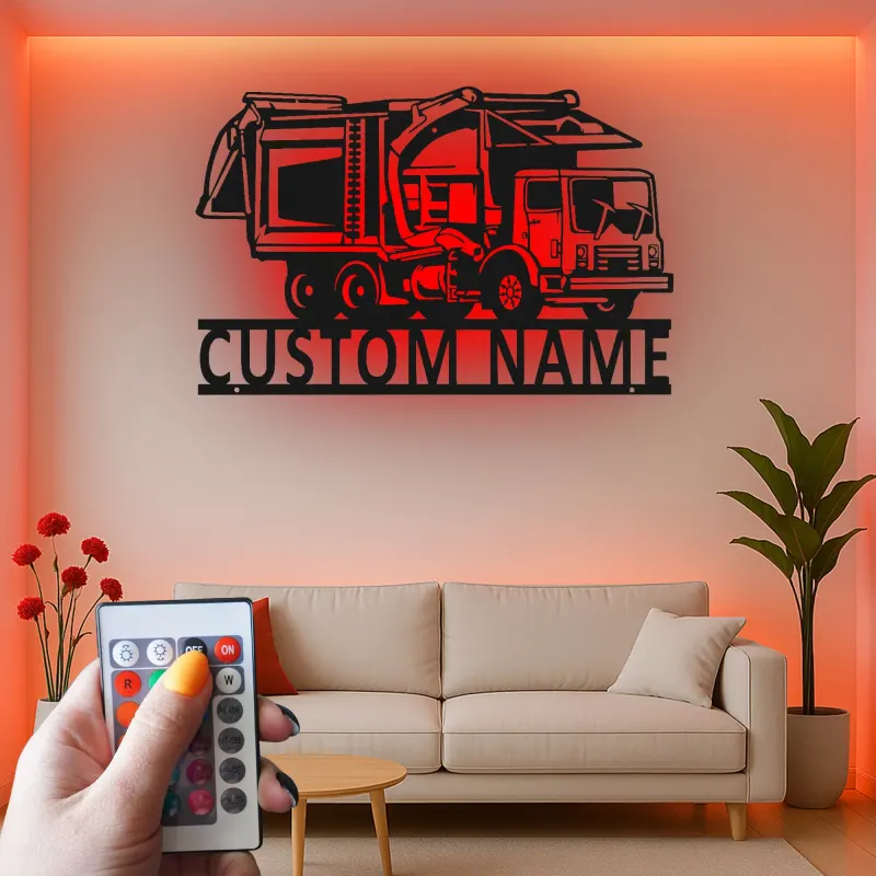 Custom Garbage Truck LED Sign | Personalized Metal Wall Art | Waste Management Driver Gift | Industrial Man Cave Decor