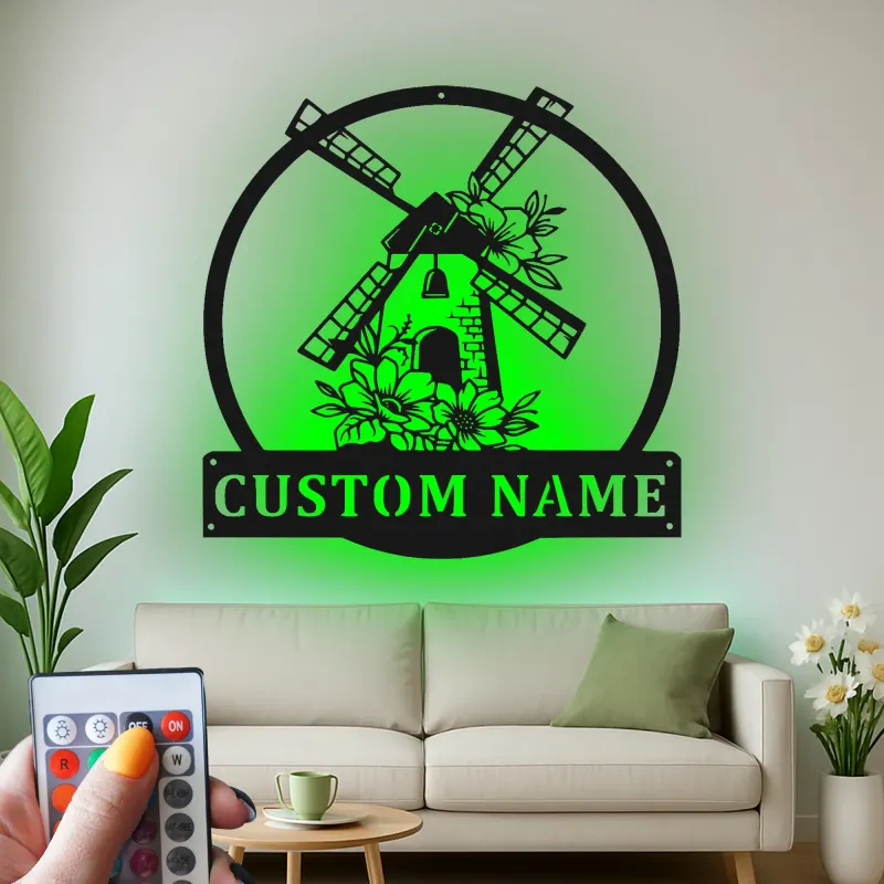 Cartel de metal personalizado con molino de viento, luz LED, regalo de inauguración rústico, decoración de granja 1