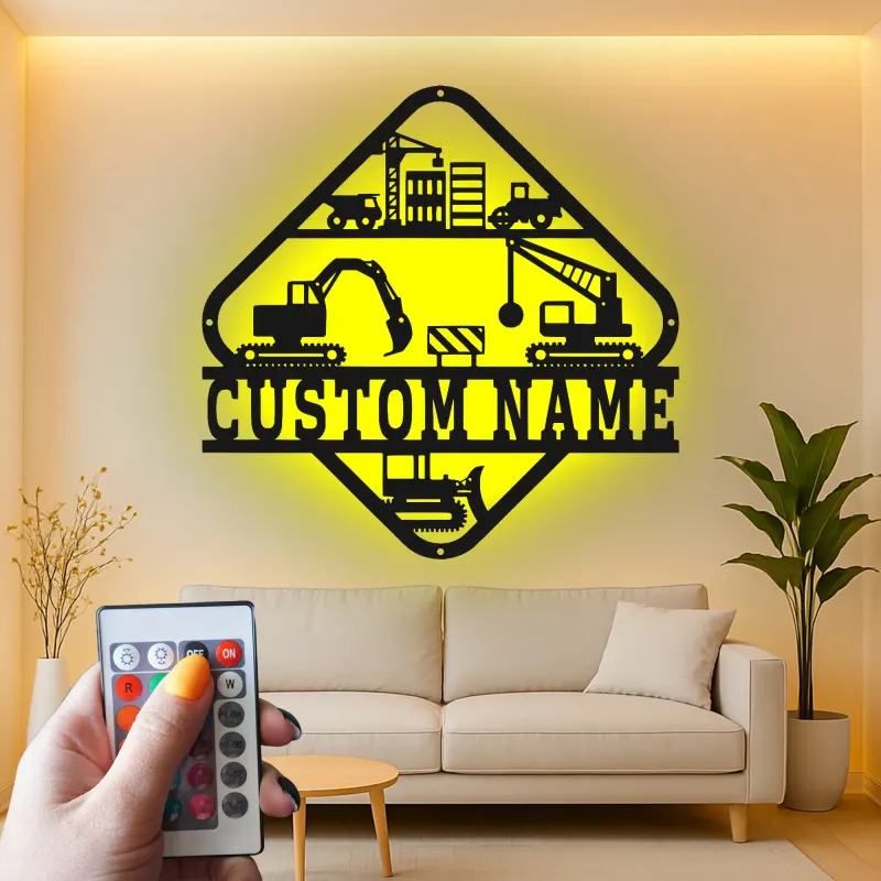 Décoration murale en métal LED de chantier personnalisée, cadeau unique pour les bâtisseurs, décoration de bureau pour les passionnés de construction