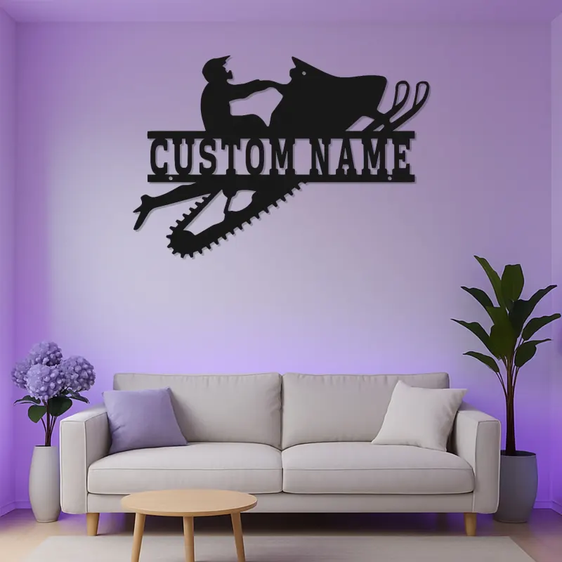 Cartel de metal personalizado de moto de nieve | Arte mural LED | Decoración de deportes de invierno a medida para el man cave o garaje