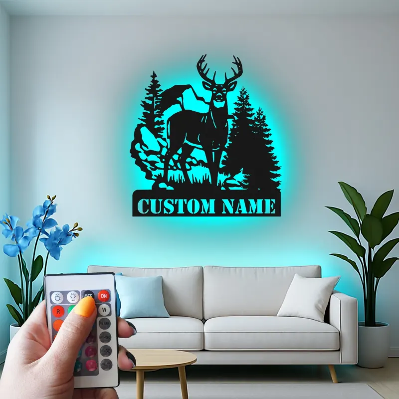 Décoration murale en métal personnalisée avec éclairage LED de forêt de cerfs - Cadeau pour les amoureux de la nature, décoration de chalet ou de pavillon 1