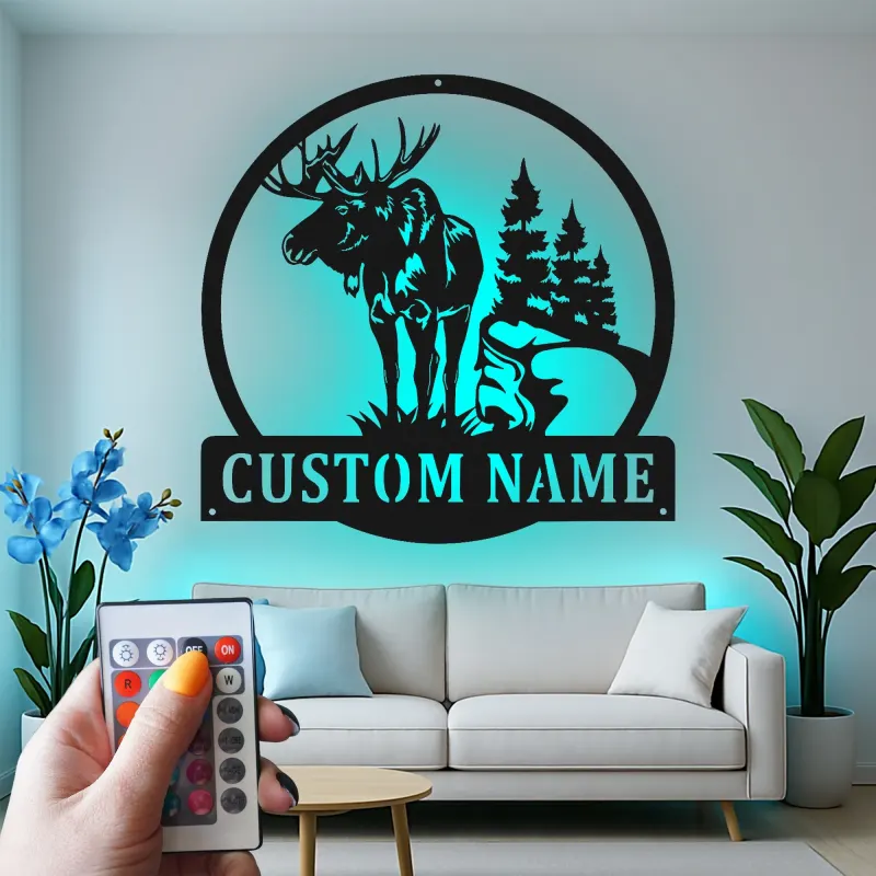 Panneau en métal personnalisé avec élan et lumières LED | Art mural personnalisé pour cabane | Décoration rustique de forêt et de faune | Cadeau pour chalet de chasseur