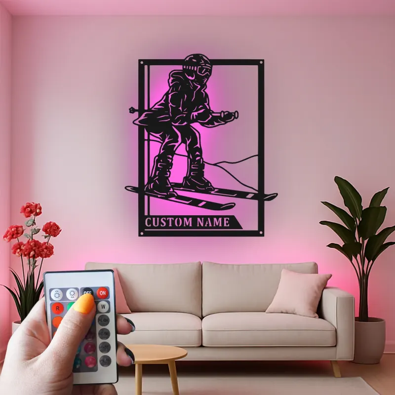 Custom Alpine Skier LED Metal Wall Art | Personalized Ski Decor | Winter Sports Gift | Modern Cabin Sign