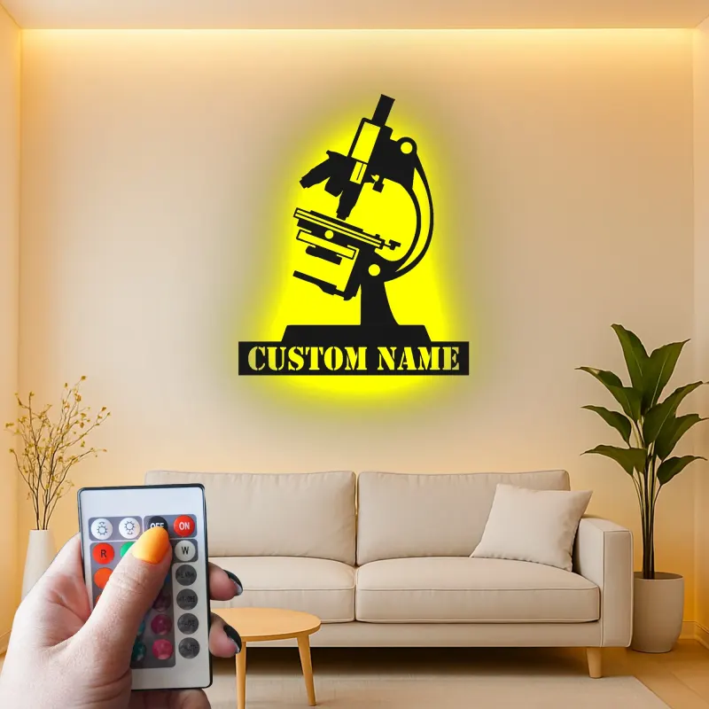 Arte mural LED de microscopio | Cartel de metal personalizado para decoración de laboratorio | Regalo científico personalizado para biólogos o clínicas