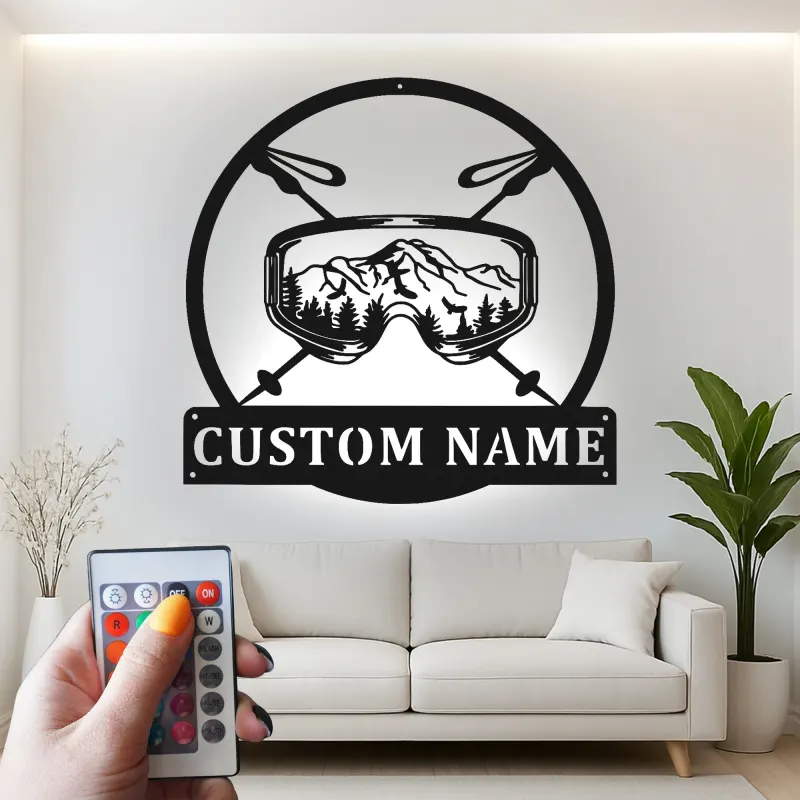 Personalized Ski Goggles Sign | Custom Metal Wall Art with LED | Ski Lodge & Cabin Decor | Gift for Skier