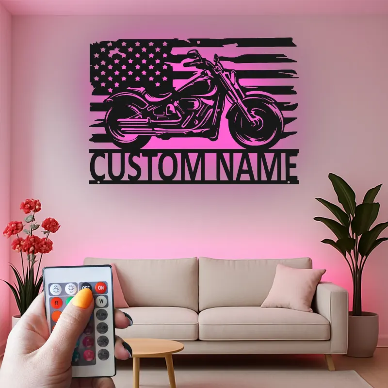 Insegna in metallo personalizzata con bandiera americana e luce LED regalo per motociclisti decorazione per garage