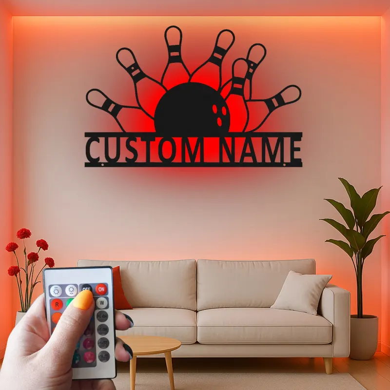 Personalisierte LED-beleuchtete Metall-Wandkunst mit Bowlingkegeln und Ball – Geschenk für Bowlingspieler und Spielzimmer-Dekor
