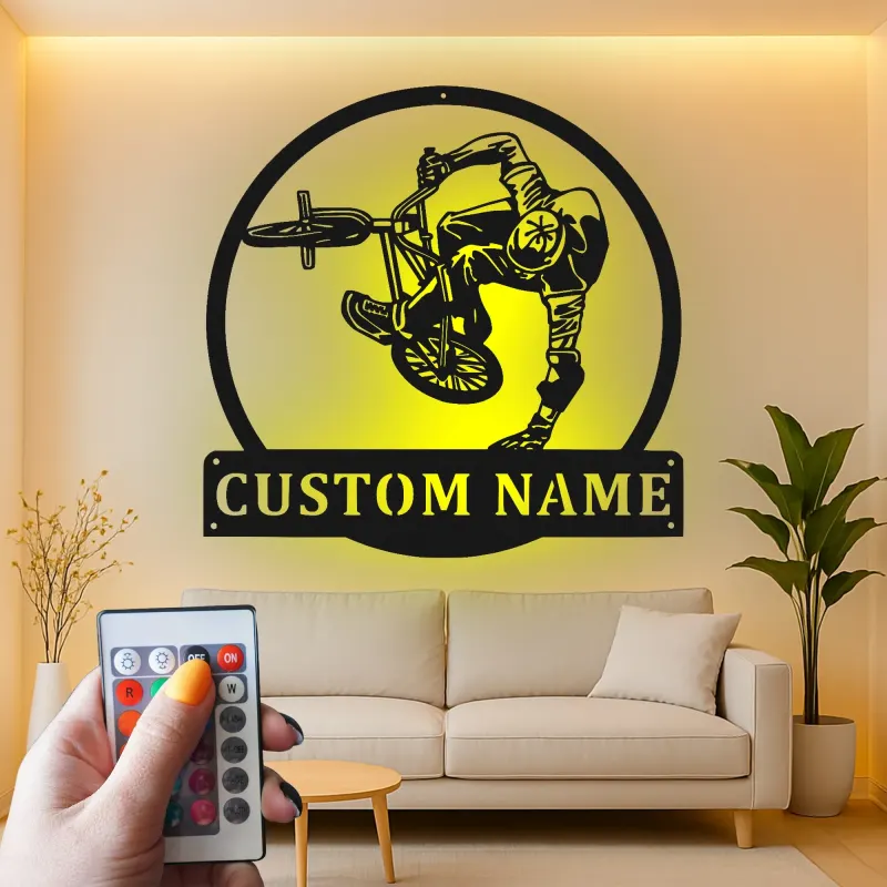 Personalisiertes BMX Radfahrer LED-beleuchtetes Metallschild Geschenk für BMX-Enthusiasten Teenager Schlafzimmer oder Spielzimmer Dekor