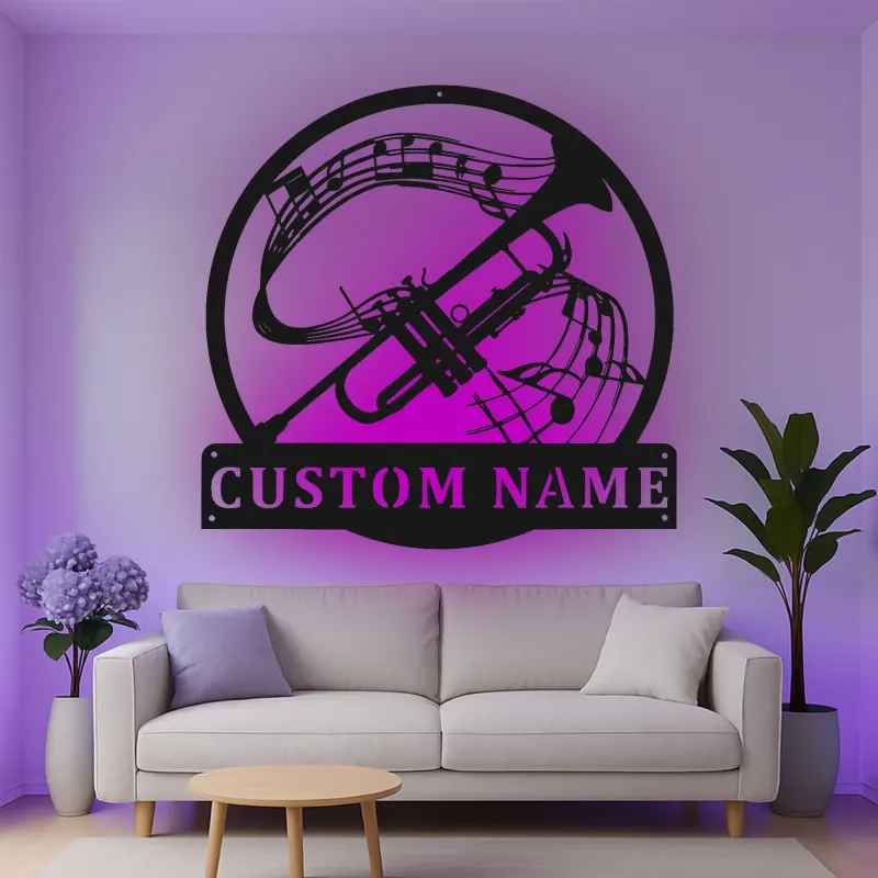 Insegna in metallo personalizzata con note musicali e LED per tromba - Regalo per musicisti - Decorazione per sala musica