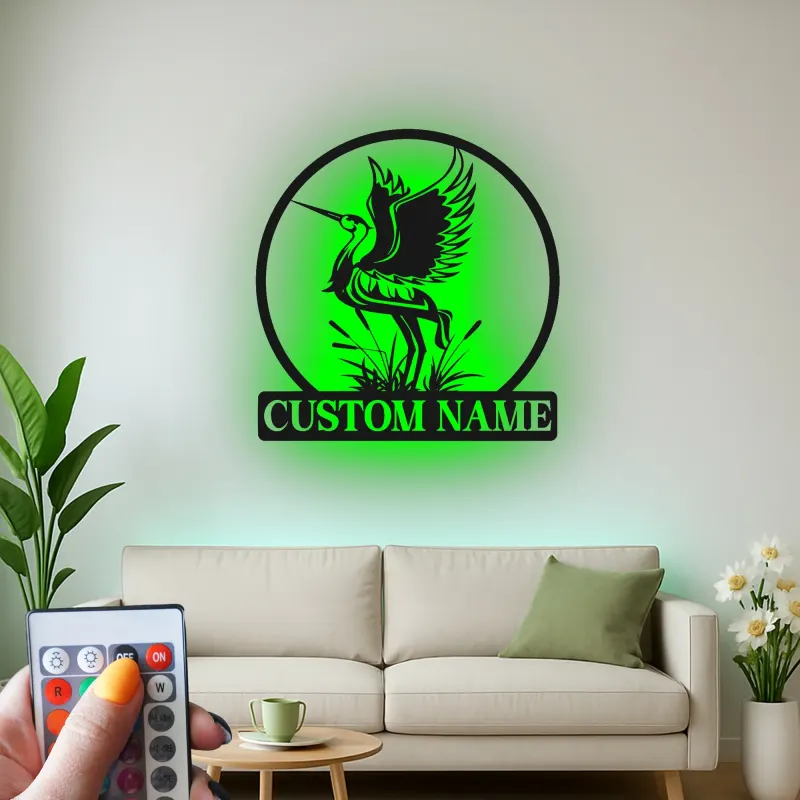 Insegna personalizzata con Airone | Arte murale in metallo LED personalizzata | Decorazione naturale per casa al lago e ufficio | Regalo per amanti della fauna selvatica