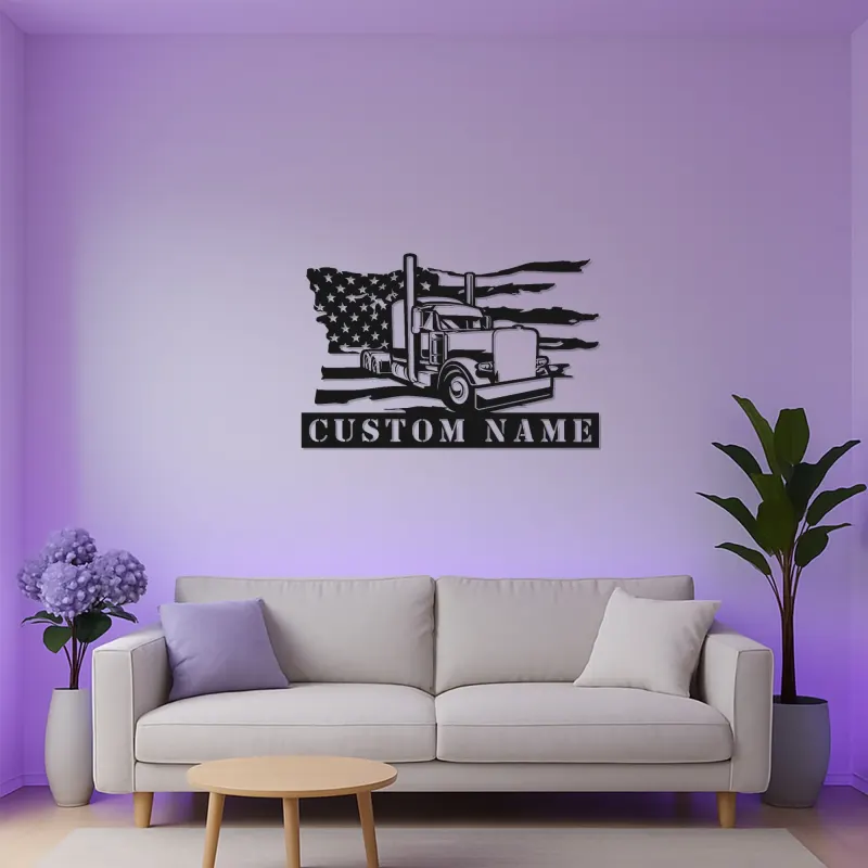 Personalisierte Semi-Truck LED Metall-Schild | Amerikanische Flagge Wandkunst | Individuelle Trucker Namensschild | Big Rig Garage & Man Cave Dekor