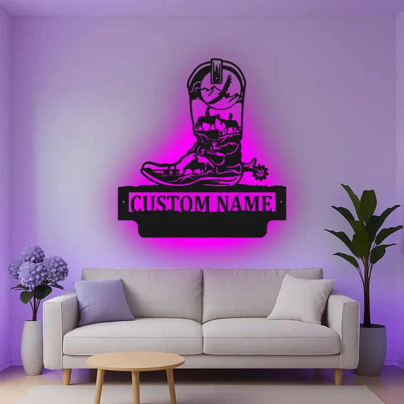 Custom Cowboy Boot Led Light Metal Wall Art Western Gift for Ranchers Rustic Farmhouse Decor