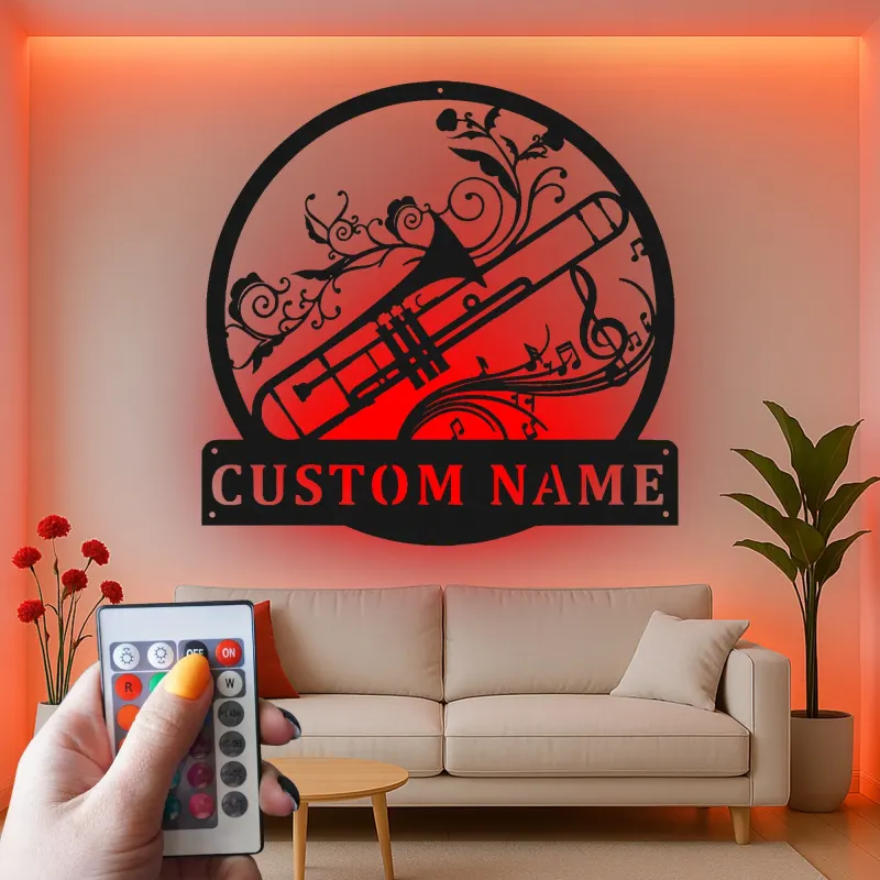 Cartel de metal LED personalizado de trombón, regalo para músicos, decoración de sala de música para amantes de la música