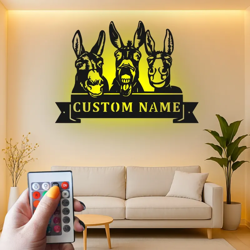 Insegna in metallo LED Donkey Trio Personalizzata Regalo per Fattoria Decorazione Casa Rustica