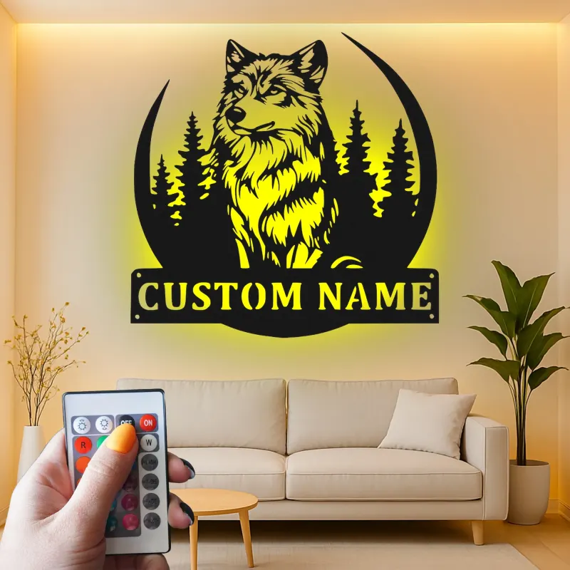 Insegna in metallo LED personalizzata con lupo - Regalo per amanti della natura, decorazione per cabin rustica