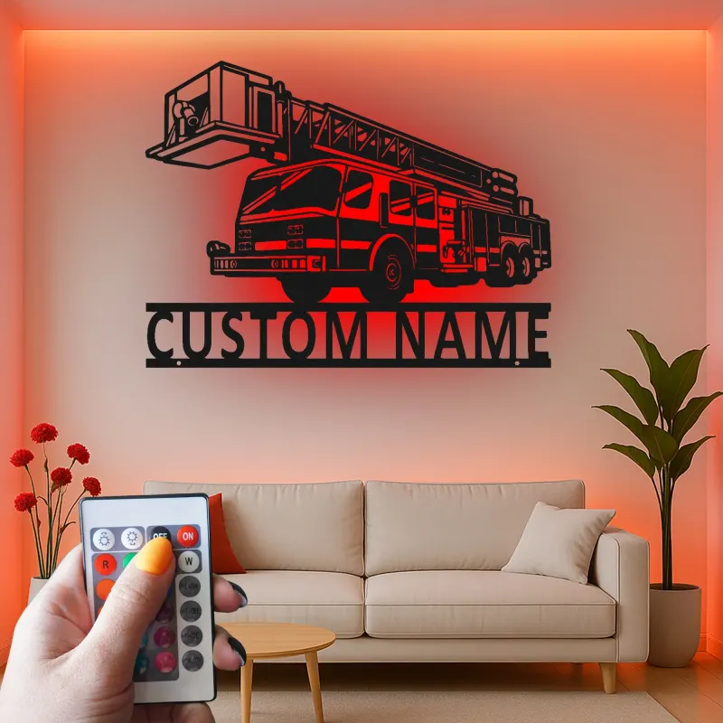 Panneau LED camion de pompiers personnalisé | Décoration murale en métal pour pompier | Décor de caserne | Cadeau pour premier intervenant