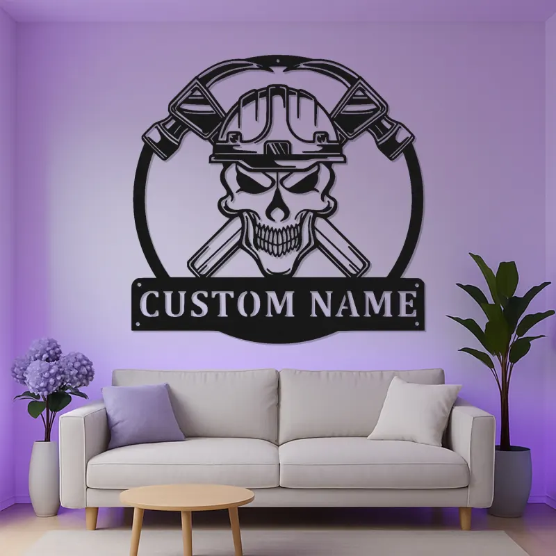 Cartel de metal LED de calavera de bombero | Decoración mural personalizada de bombero | Decoración personalizada para estación de bomberos y cueva de hombres