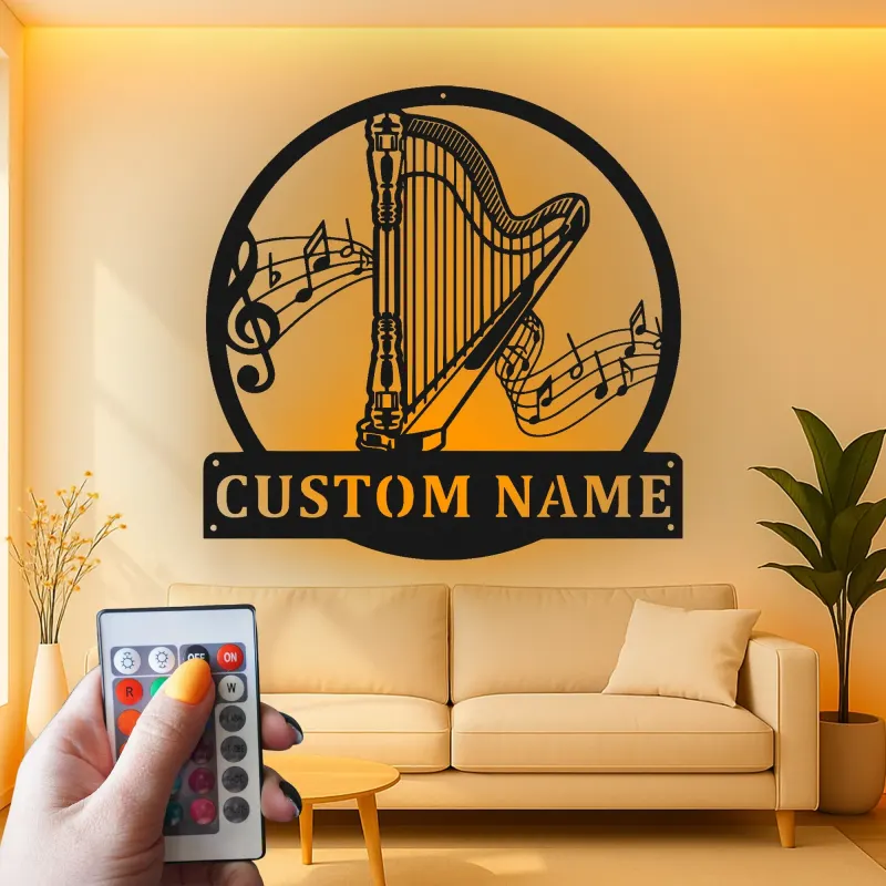 Insegna in metallo personalizzata con arpa | Decorazione LED per sala musica | Targa con nome per musicisti | Regalo per amanti dell’orchestra