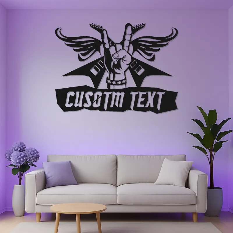 Cartel de metal Rock and Roll personalizado | Arte mural LED de alas de guitarra | Decoración de estudio de músico personalizada | Regalo de heavy metal para él