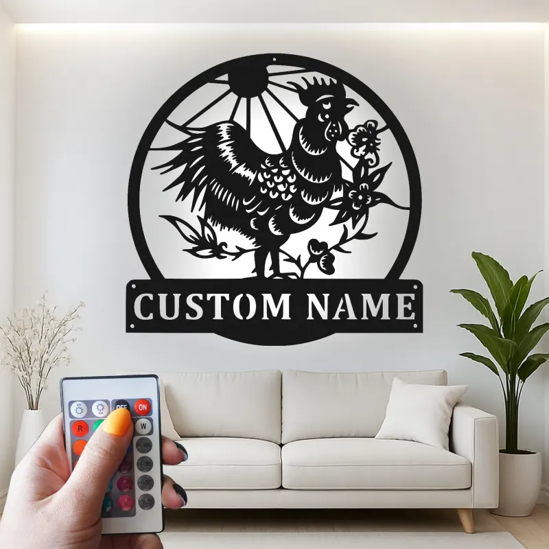 Cartel Personalizado de Gallo | Arte Mural de Metal LED para Granja | Decoración de Pollo Personalizada para la Cocina | Cartel de Bienvenida Campestre