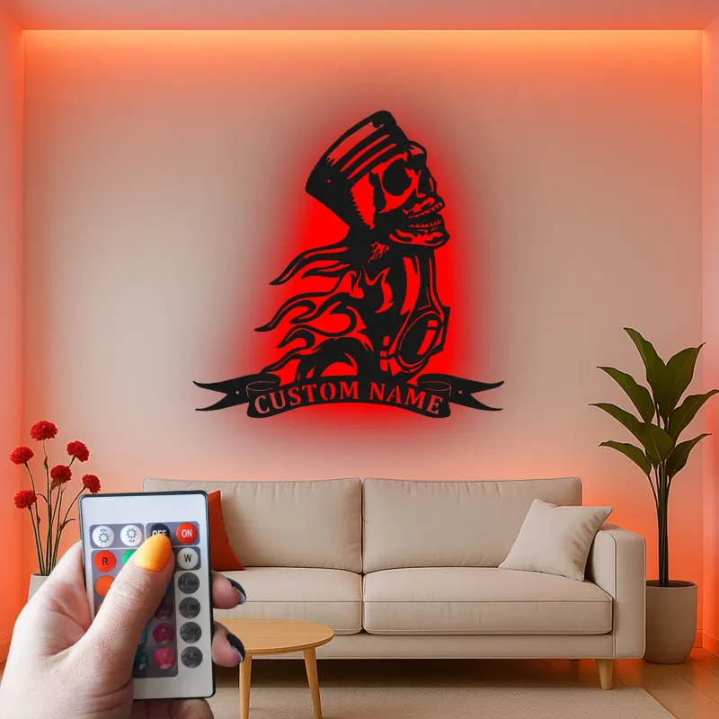 Cartel de metal personalizado con calavera de motocicleta | Señal de garaje de motorista con LED | Decoración de hombre de cueva con llamas de pistón