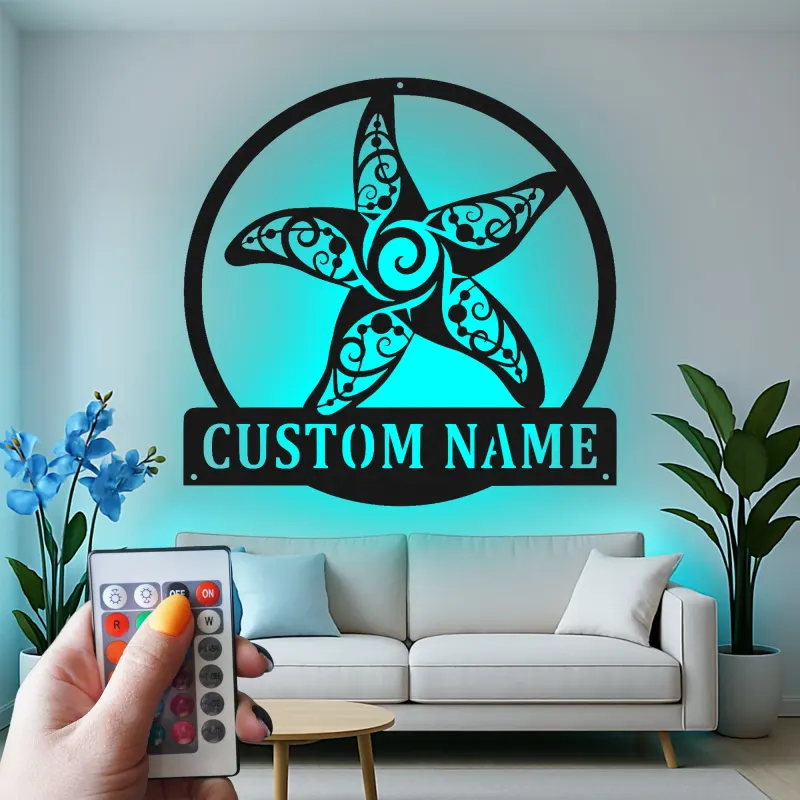 Personalized Starfish LED Metal Sign | Ornate Coastal Wall Art | Custom Nautical Decor for Beach House & Salon
