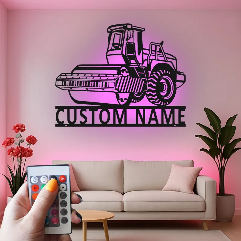 Señal de rodillo de carretera personalizada | Arte mural de metal personalizado | Decoración de equipo pesado para garaje o man cave | Luz LED de vehículo de construcción