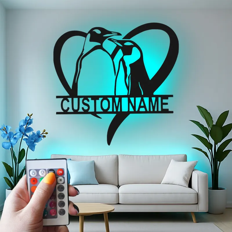 Custom Penguin Couple Led Light Metal Wall Art Romantic Gift for Couples Bedroom or Living Room Decor