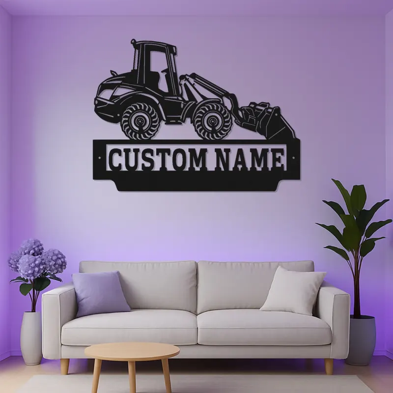 Cartel de metal personalizado de tractor | Decoración mural LED personalizada de cargadora frontal | Regalo para trabajador de la construcción para el garaje | Decoración de maquinaria pesada