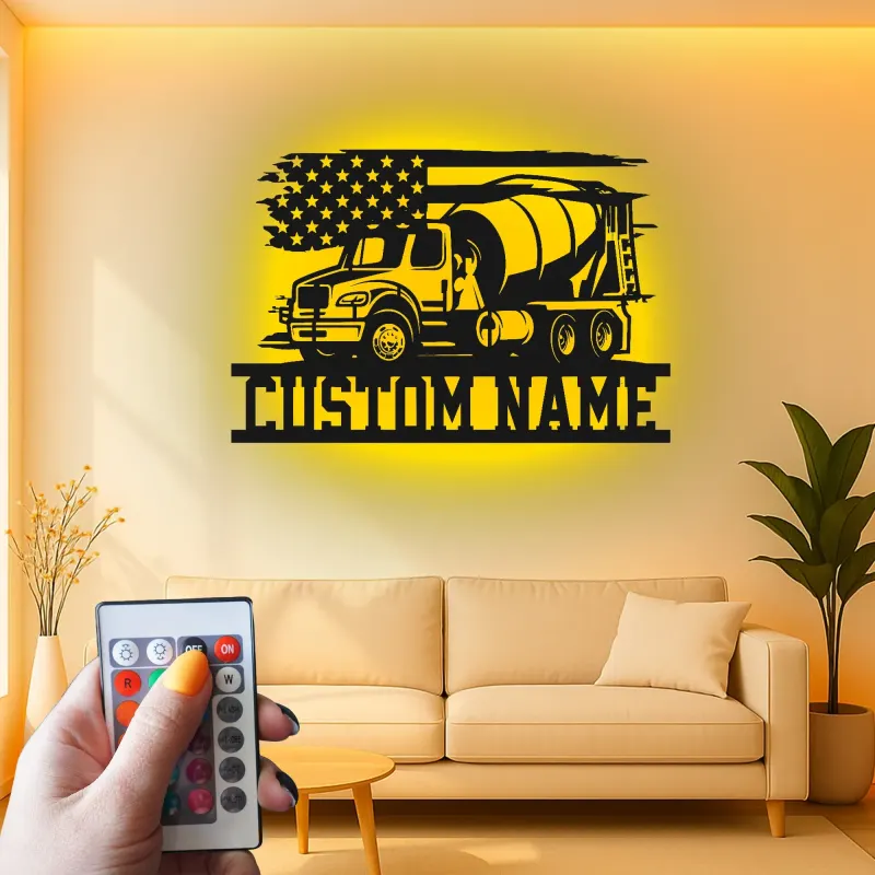 Insegna in metallo personalizzata con luce LED a forma di camion betoniera regalo per lavoratori edili decorazione per garage o ufficio