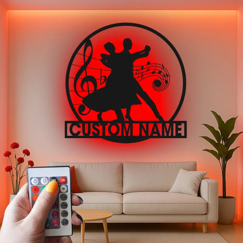 Cartel de metal personalizado de pareja de baile de salón con luz LED regalo para amantes de la danza decoración de estudio o salón
