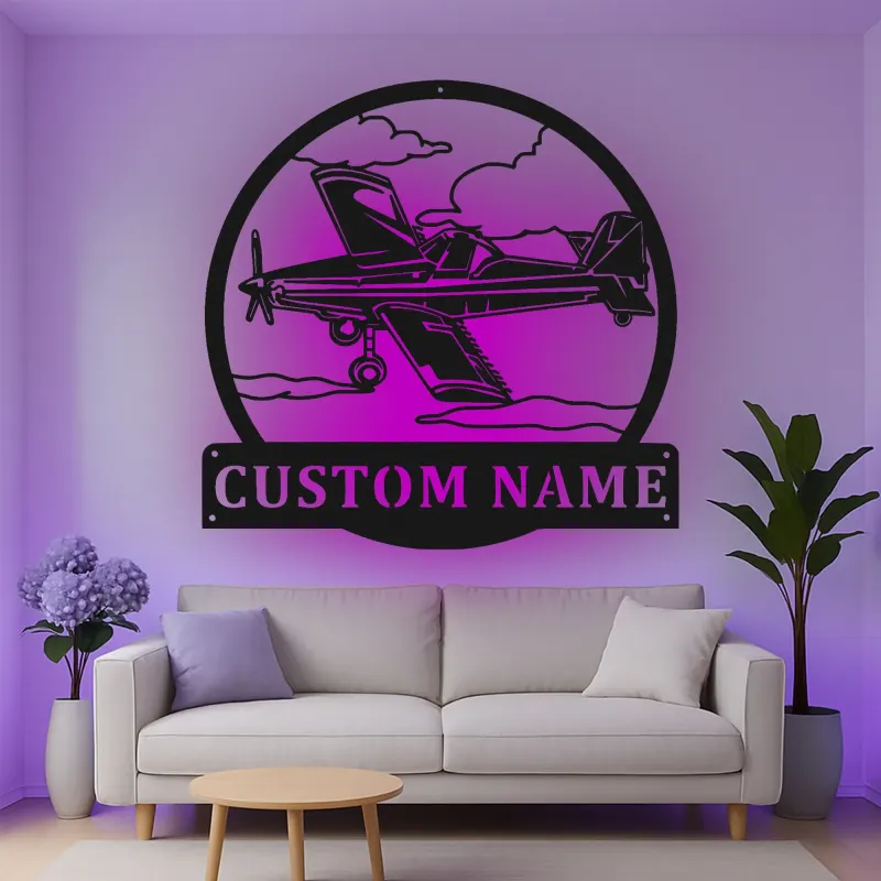 Décoration murale en métal personnalisée avec lumière LED d'avion - Cadeau d'aviation pour pilote, décoration de hangar pour passionnés d'aviation