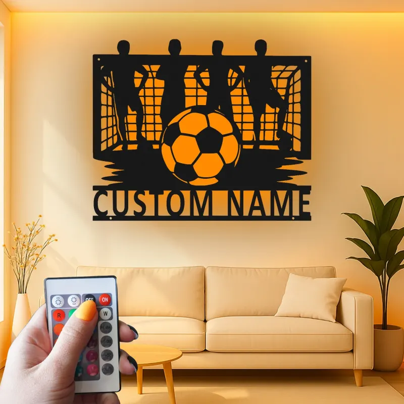 Arte mural de metal personalizado de fútbol | Cartel LED con nombre personalizado para habitación de chicos | Regalo para jugador de fútbol | Decoración mural deportiva