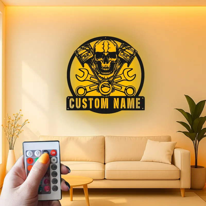 Insegna LED con Teschio per Meccanico | Arte Murale in Metallo Personalizzata per Garage | Decorazione per Biker e Man Cave con Luci RGB