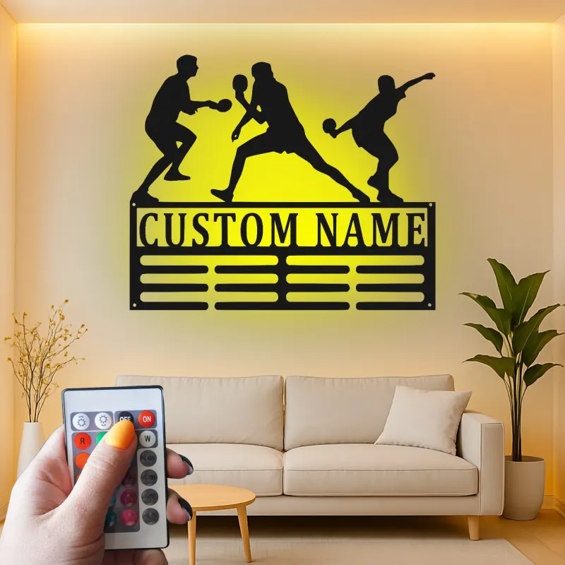 Supporto per medaglie da tennis da tavolo personalizzato | Arte murale in metallo LED Ping Pong | Insegna di esposizione personalizzata | Decorazione per sala giochi e regalo per giocatori