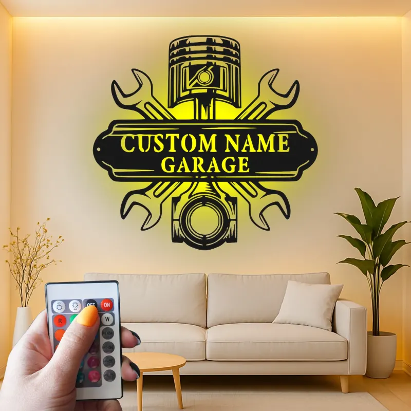 Insegna LED personalizzata per garage | Insegna in metallo personalizzata per meccanici | Regalo per papà appassionato di auto | Decorazione officina