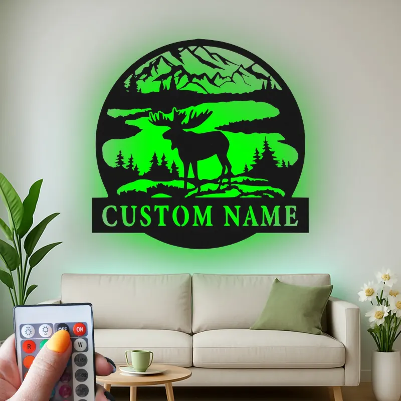Custom Moose Mountain Scene Led Light Metal Wall Art Personalized Nature Lover Gift Cabin Decor