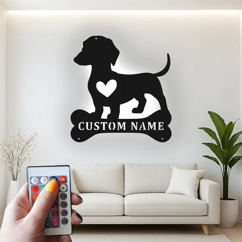 Décoration murale en métal LED personnalisée pour les amoureux des chiens - cadeau pour les propriétaires de teckels pour le salon