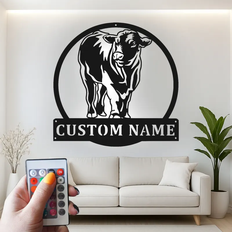 Décoration murale en métal LED personnalisée de vache - Cadeau de ferme rustique - Décor de grange