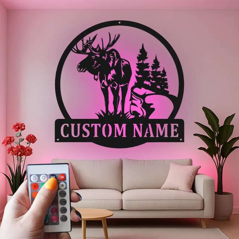 Panneau en métal personnalisé avec élan et lumières LED | Art mural personnalisé pour cabane | Décoration rustique de forêt et de faune | Cadeau pour chalet de chasseur