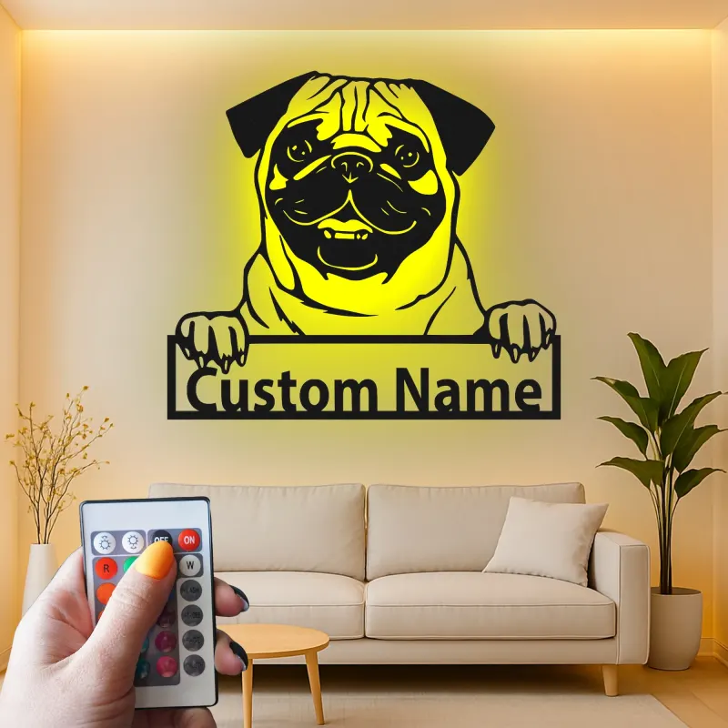 Personalisierte Pug LED-Schild | Individuelles Metall-Haustierporträt | Hundeliebhaber Namensdekoration | Moderne Wandkunst für den Eingangsbereich