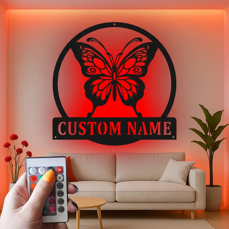 Insegna in metallo personalizzata con farfalla e luce LED, regalo per amanti della natura per decorare la camera da letto o il soggiorno 1