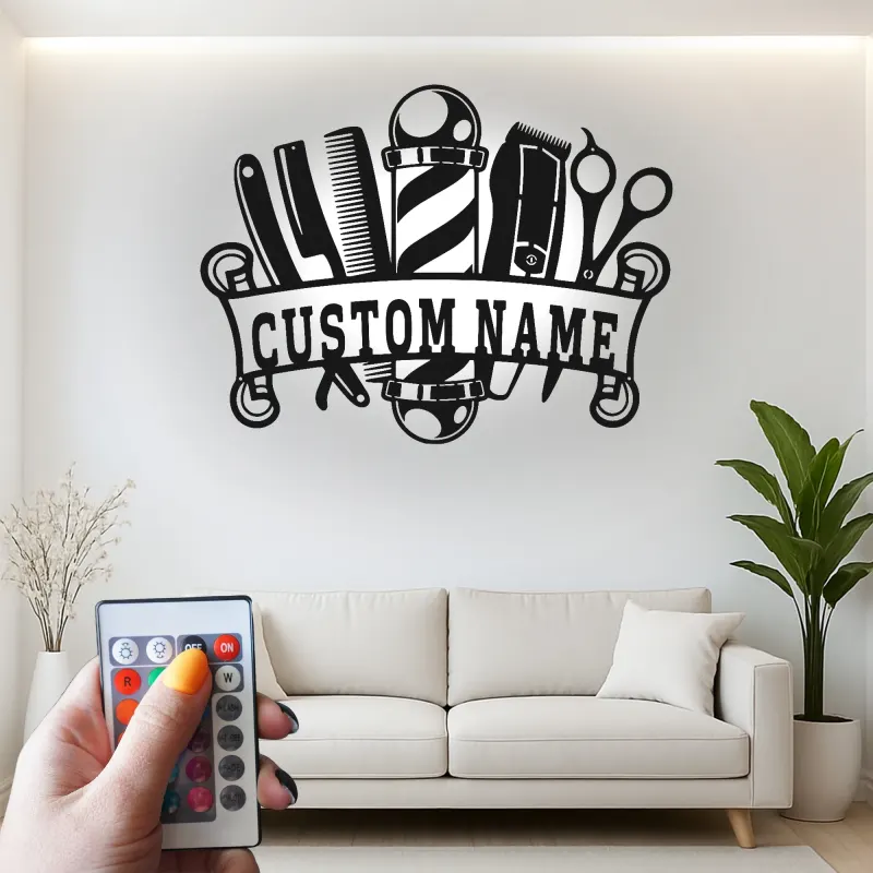 Custom Barber Shop Led Light Metal Wall Art Personalized Gift for Barbers Salon Decor
