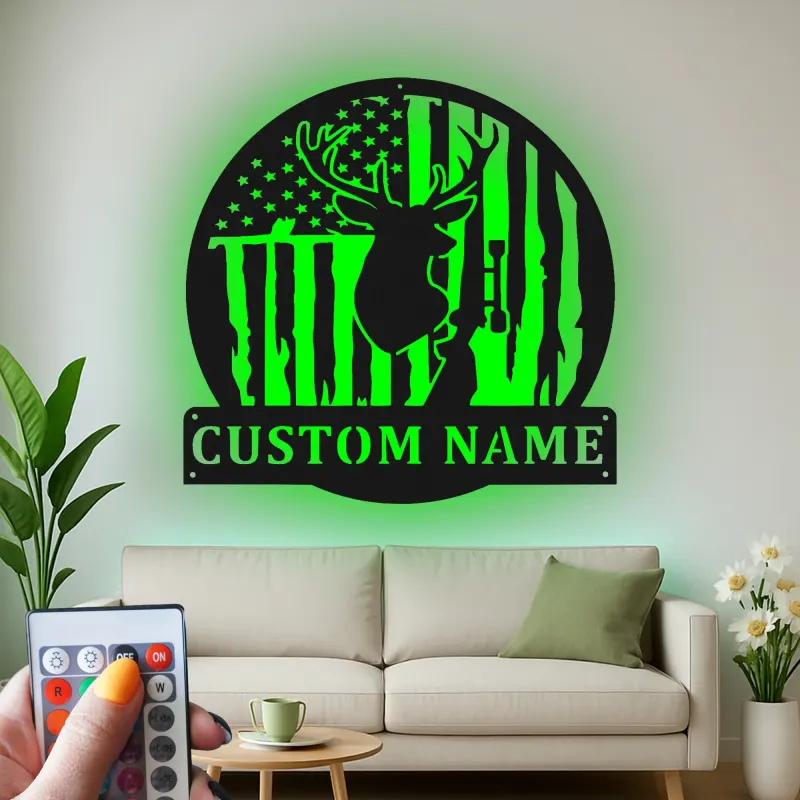 Custom Deer American Flag Led Light Metal Wall Art Hunting Gift for Him Rustic Cabin Decor