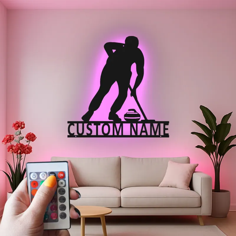 Insegna in metallo personalizzata con luce LED a tema giocatore di curling regalo sportivo per curlers decorazione per sala giochi