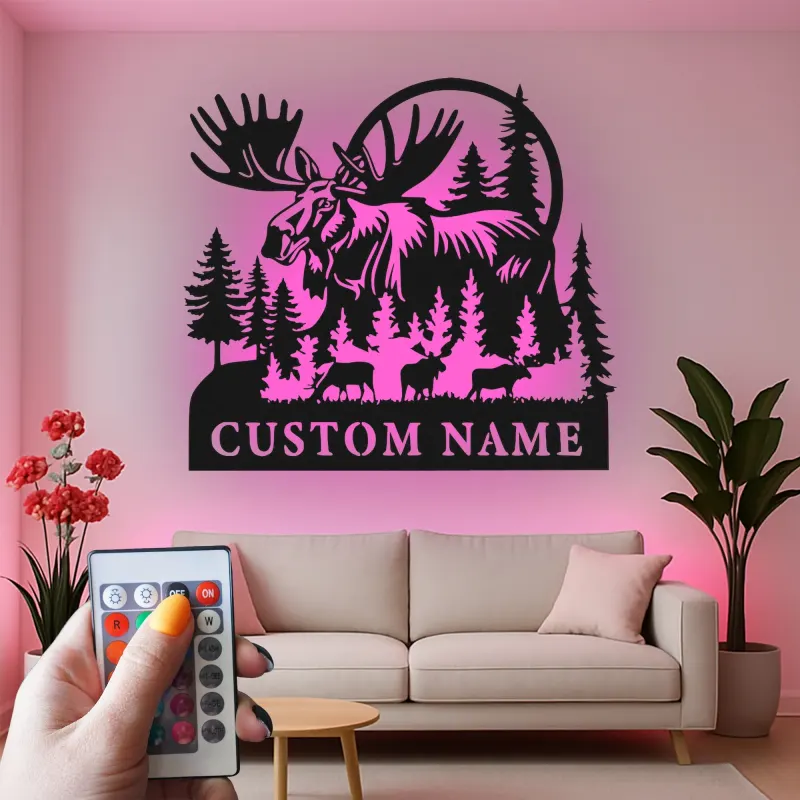 Custom Moose Family Metal Sign | LED Wall Art for Cabin & Lodge Decor | Personalized Rustic Wildlife Nature Lover Gift