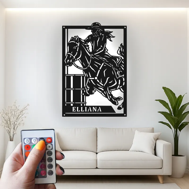 Cartel de metal LED personalizado de jinete de barriles, regalo ecuestre para amantes de los caballos, decoración western para el hogar