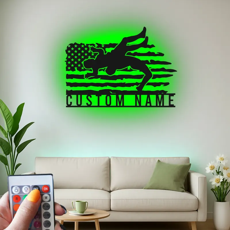 Décoration murale en métal personnalisée avec éclairage LED Lutte Américaine Drapeau Cadeau Sportif Personnalisé pour Athlètes Décor de Gym ou de Chambre