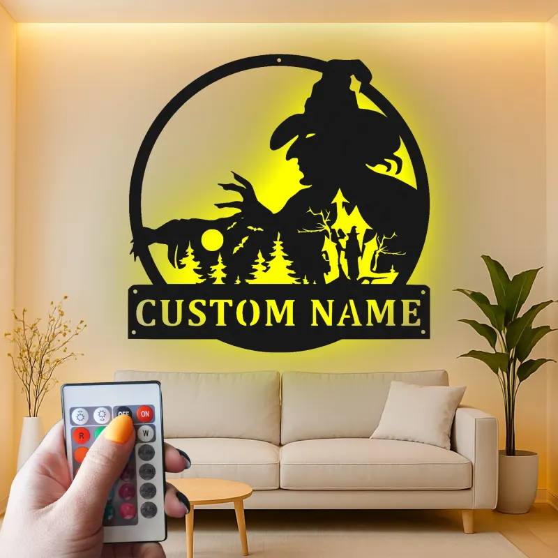 Cartel de metal personalizado con escena de bosque de brujas y luz LED Regalo único de Halloween Decoración espeluznante para el hogar