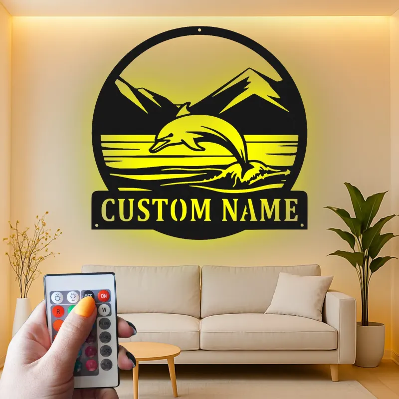 Cartel de metal personalizado con escena oceánica de delfines y luz LED, regalo para amantes de la playa, decoración costera para el hogar